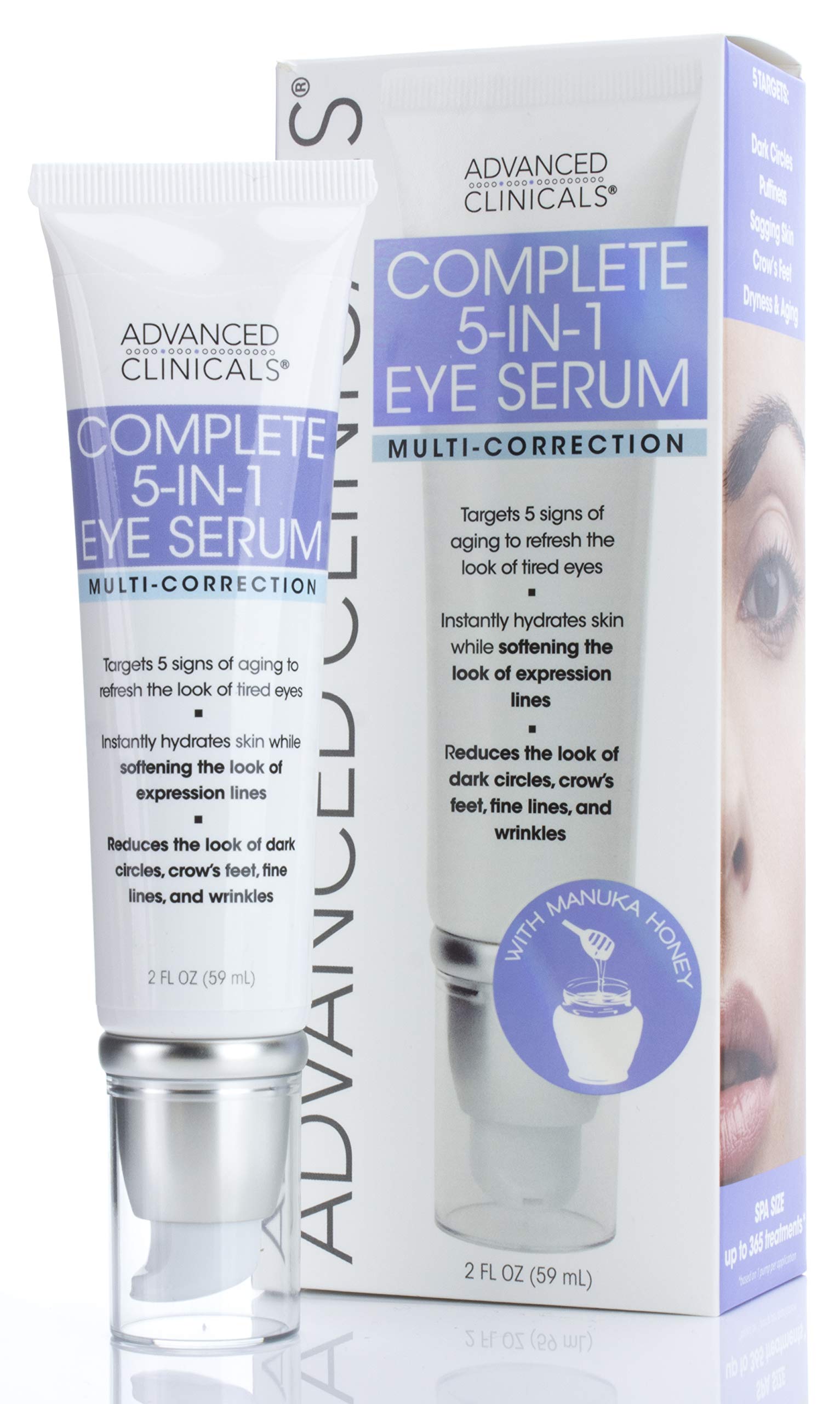 Advanced Clinicals 5-in-1 Multi Correction Anti Aging Eye Serum Lotion W/Retinol, Collagen, Vitamin C, & Manuka Honey. Reduces Appearance Of Dark Circles, Wrinkles, Crows Feet & Fine Lines, 2 Fl Oz